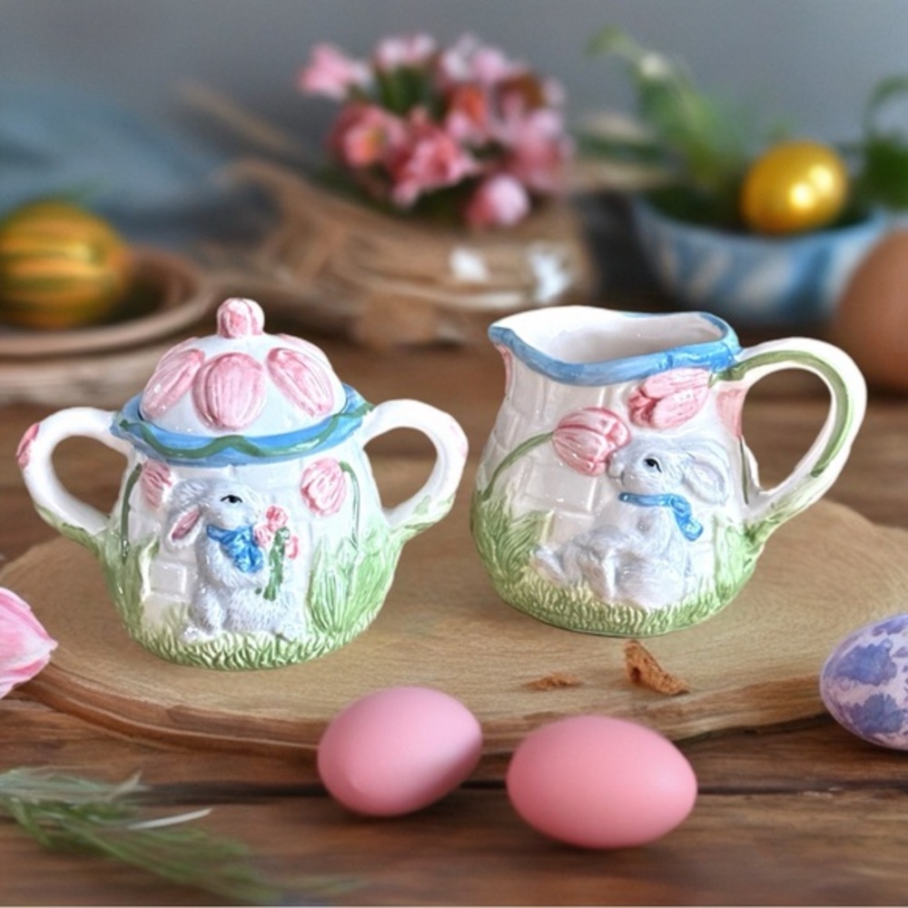 Caffco Vintage Pastel Easter Bunny and Tulip Creamer and Sugar Bowl Set